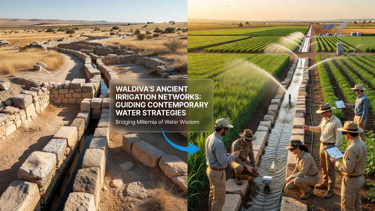 Modern drip lines running alongside restored stone irrigation channels in a Waldiva agricultural field