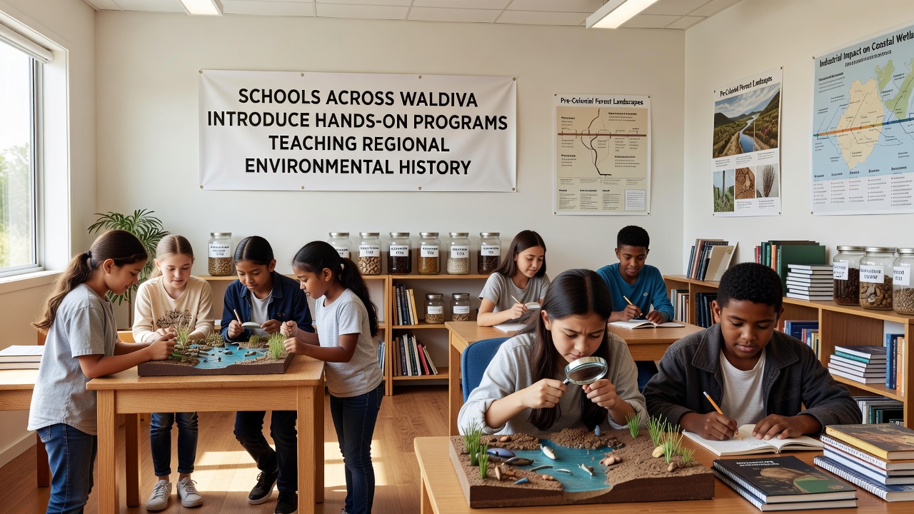 A group of Waldiva students uses historical maps and digital tablets to document changes along a local waterway as part of their environmental history module
